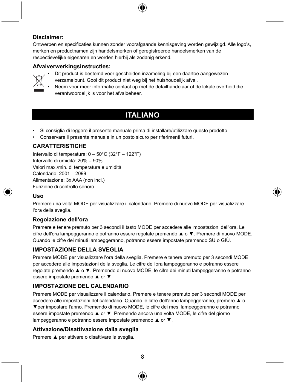 Italiano | Konig Electronic Weather station with date display and alarm function User Manual | Page 8 / 27