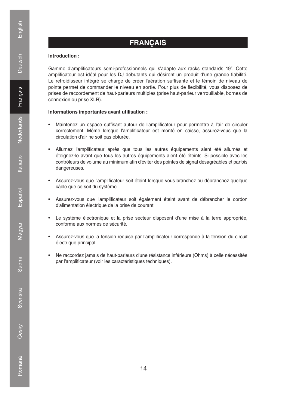 Français | Konig Electronic PA amplifier 2x 300 W User Manual | Page 14 / 68