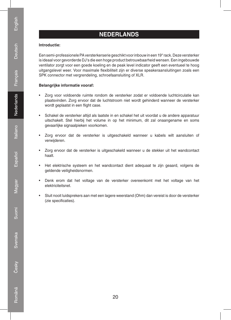 Nederlands | Konig Electronic PA amplifier 2x 300 W User Manual | Page 20 / 68