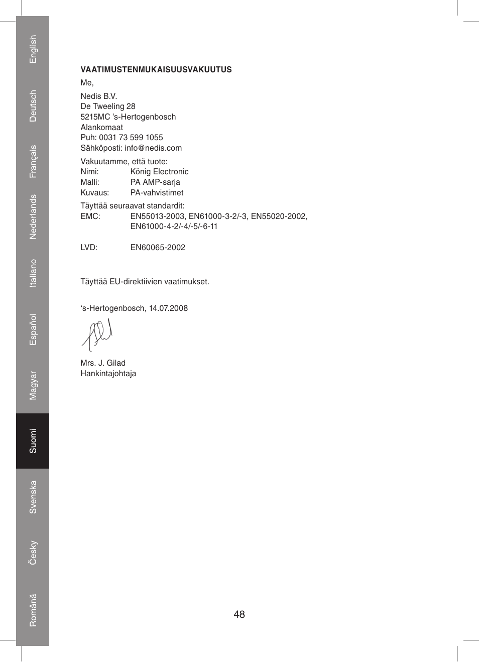 Konig Electronic PA amplifier 2x 300 W User Manual | Page 48 / 68