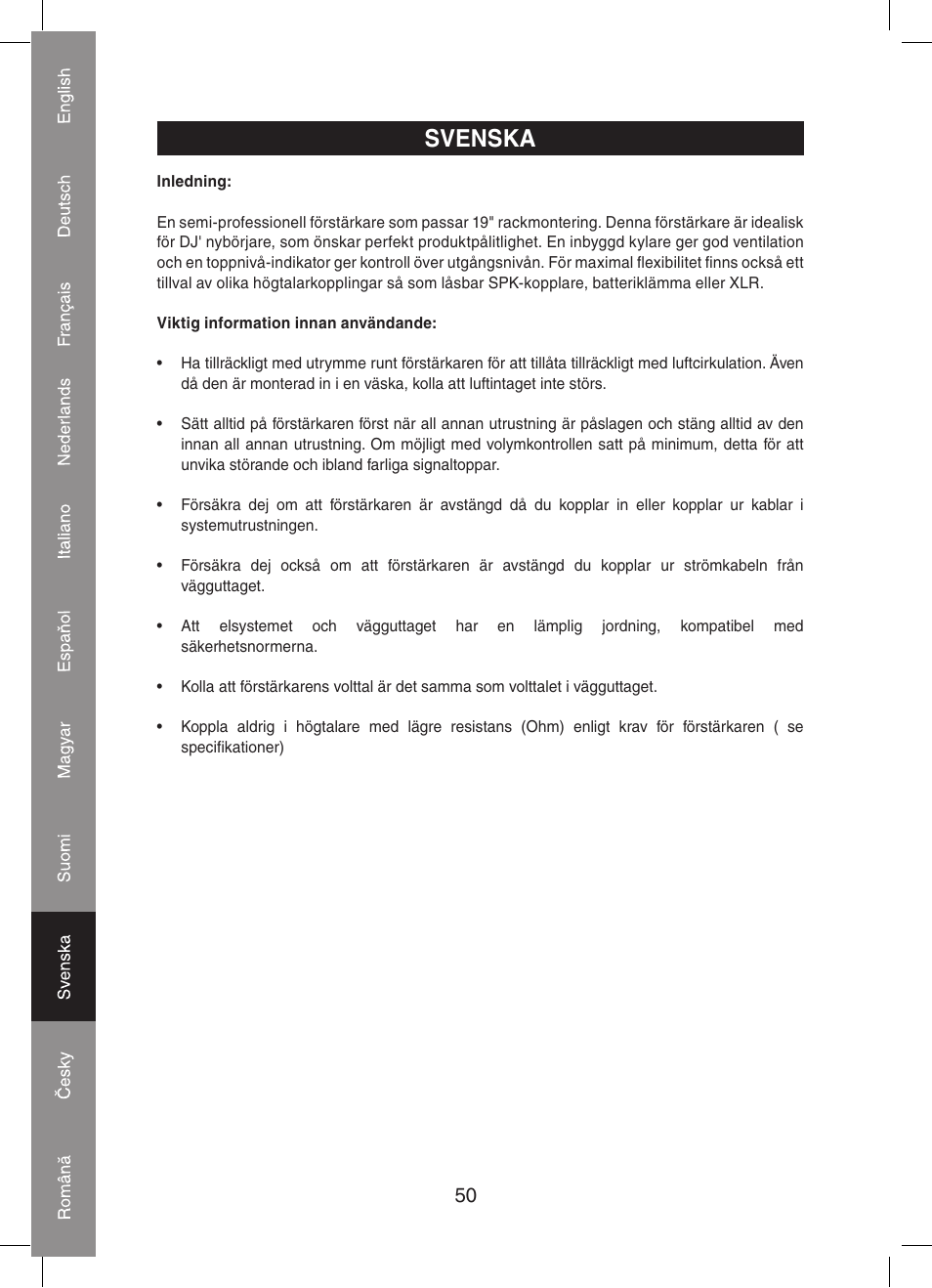 Svenska | Konig Electronic PA amplifier 2x 300 W User Manual | Page 50 / 68