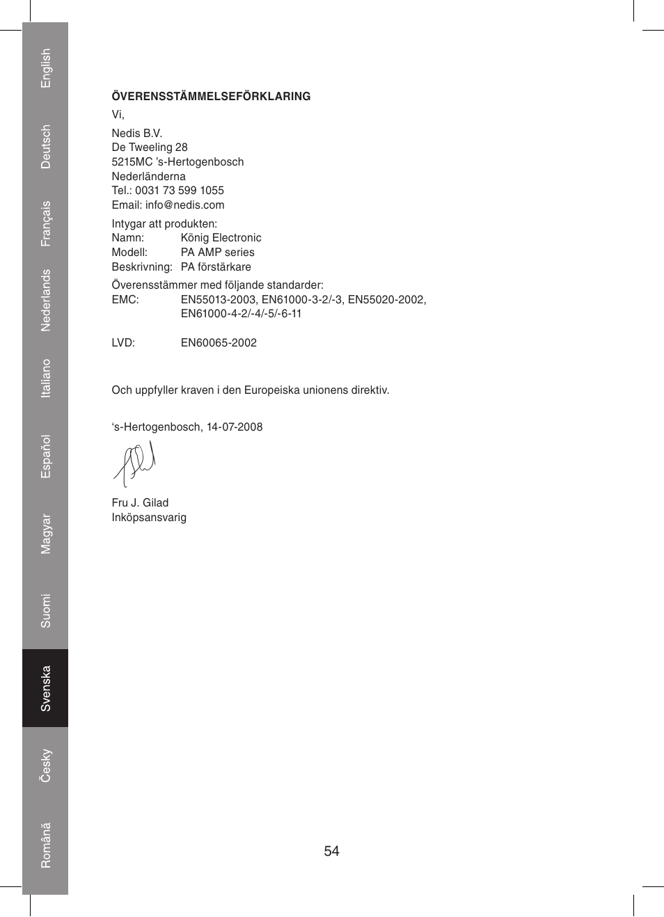 Konig Electronic PA amplifier 2x 300 W User Manual | Page 54 / 68