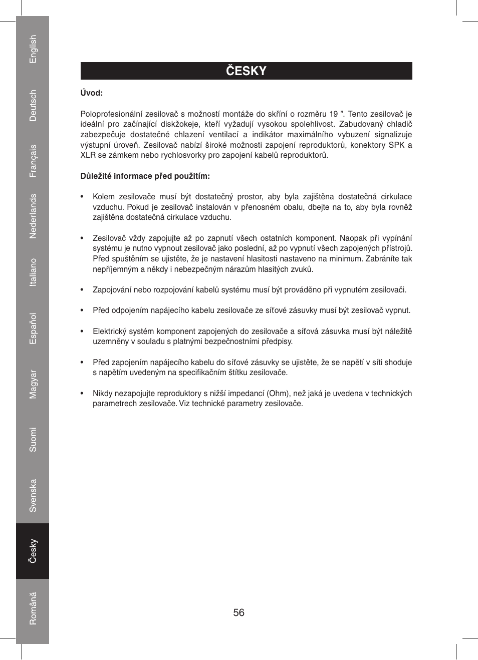 Česky | Konig Electronic PA amplifier 2x 300 W User Manual | Page 56 / 68