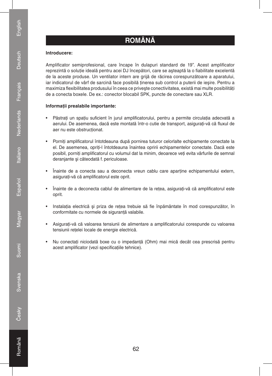 Română | Konig Electronic PA amplifier 2x 300 W User Manual | Page 62 / 68