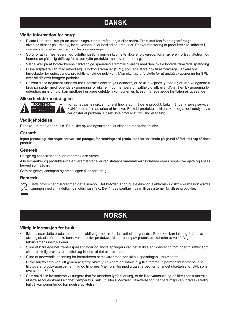 Dansk, Norsk, Brugervejledning (p. 11) | Vejs pa højttaler, Veiledning (σελ. 11), Veis pa høyttaler | Konig Electronic 3-way 15" 600 W PA loudspeaker User Manual | Page 11 / 13