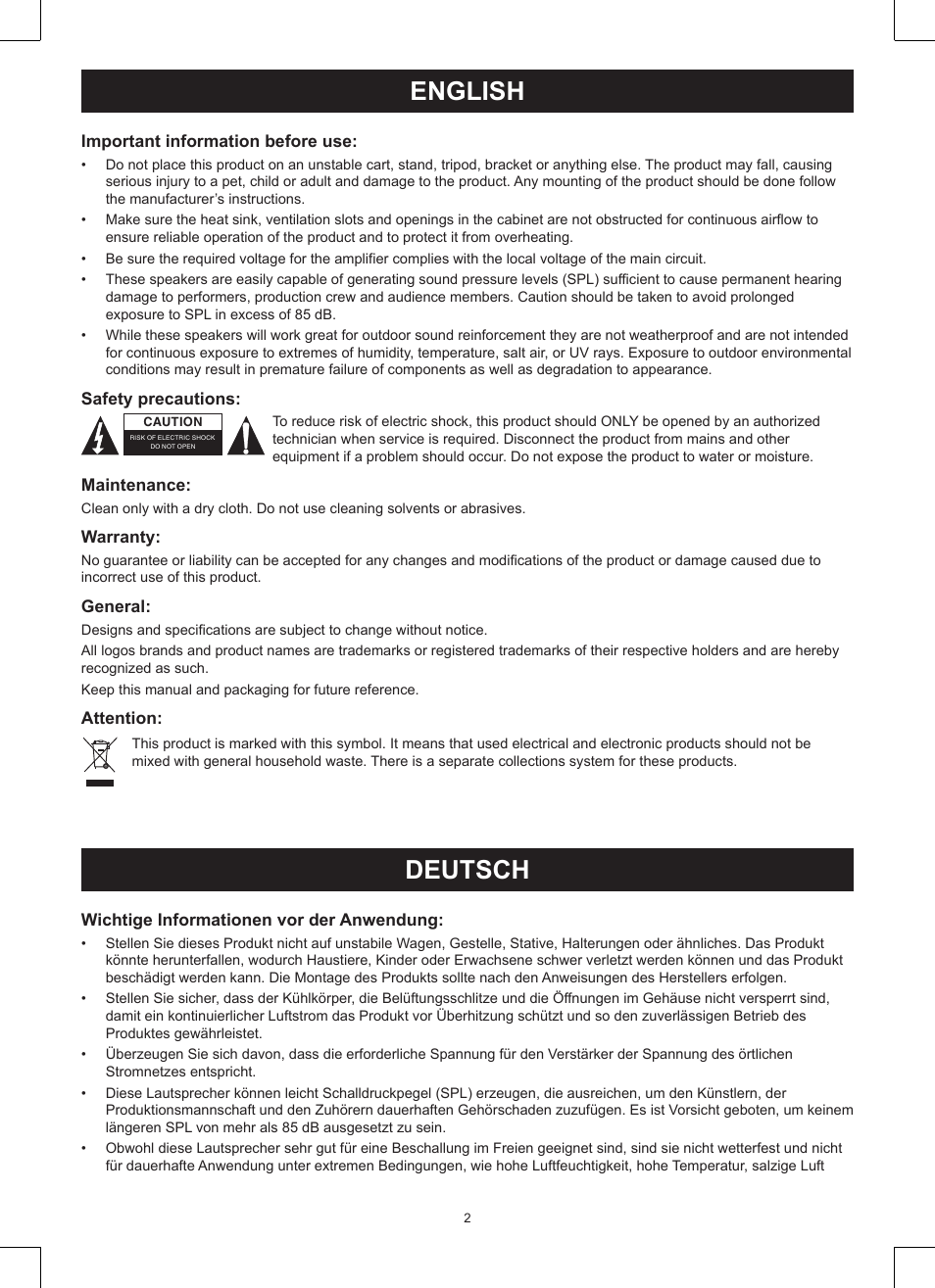 English, Deutsch, Manual (p. 2) | Way pa loudspeaker, Anleitung (s. 2), Wege-lautsprecher für pa-system | Konig Electronic 3-way 15" 600 W PA loudspeaker User Manual | Page 2 / 13