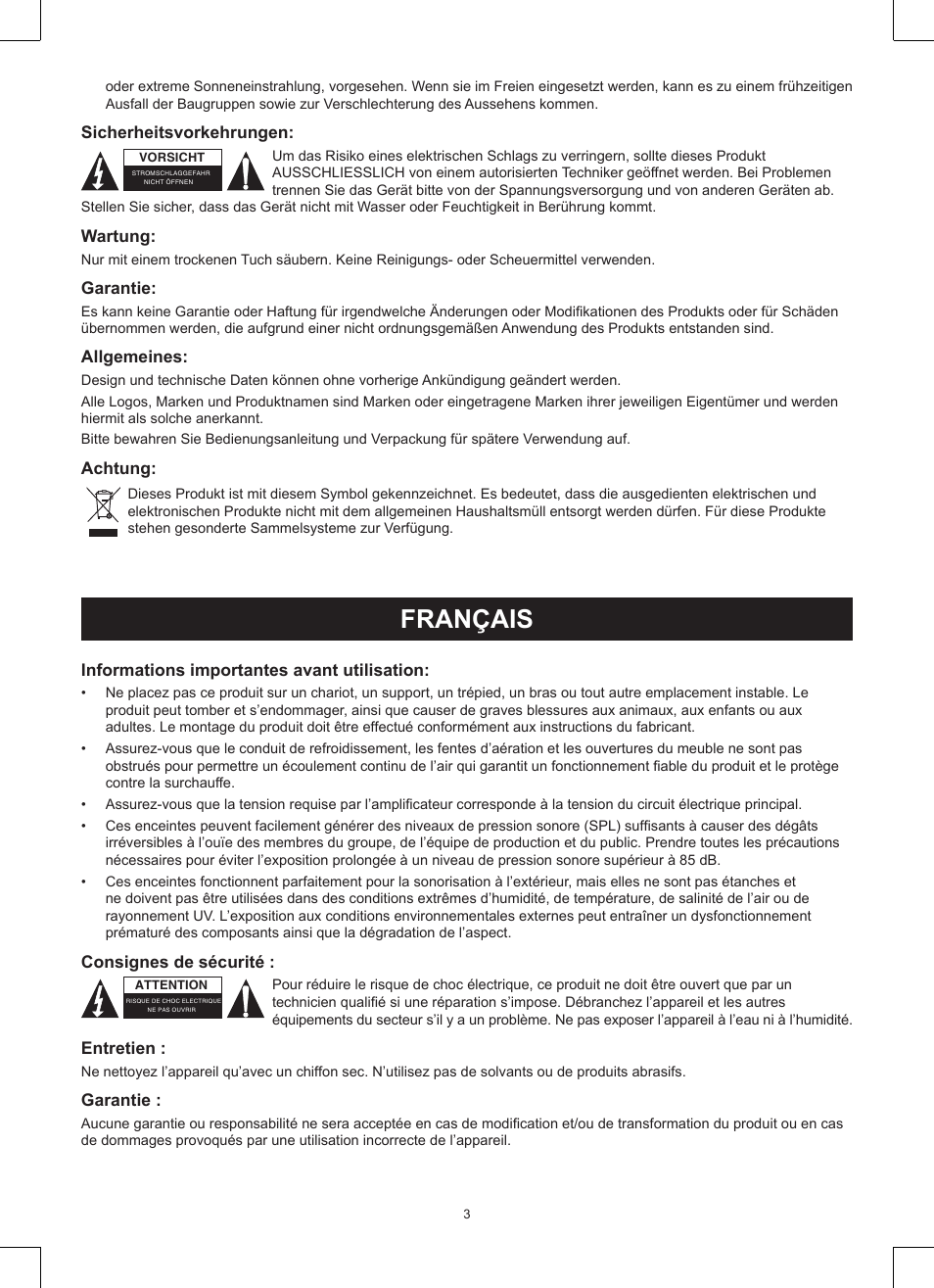 Français, Mode d’emploi (p. 3), Haut-parleurs pa 3 voies | Konig Electronic 3-way 15" 600 W PA loudspeaker User Manual | Page 3 / 13