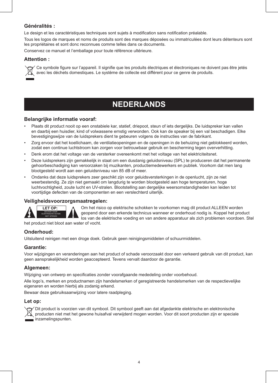 Nederlands, Gebruiksaanwijzing (p. 4), Wegs pa luidspreker | Konig Electronic 3-way 15" 600 W PA loudspeaker User Manual | Page 4 / 13