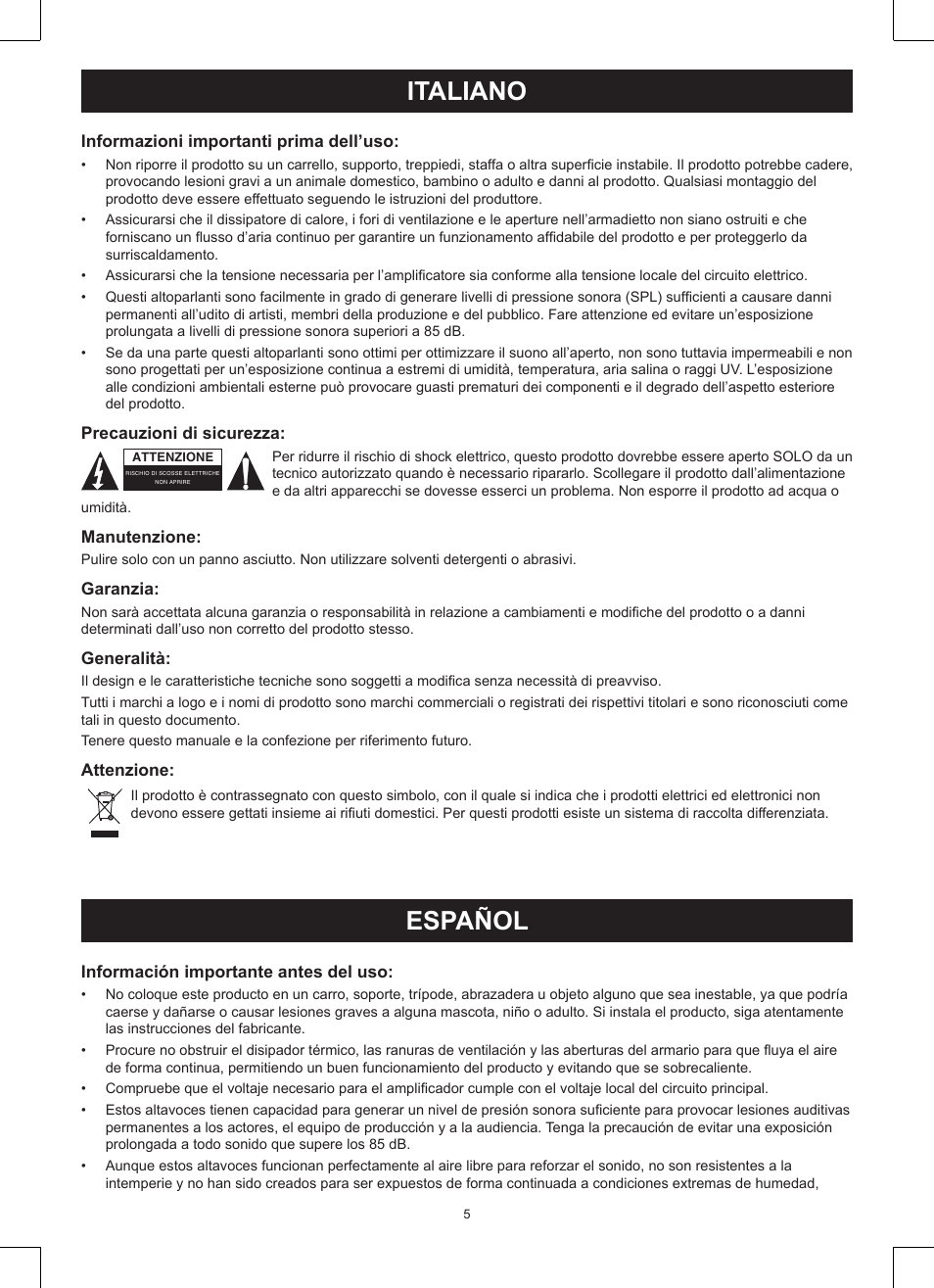 Italiano, Español, Manuale (p. 5) | Altoparlante pa a 3 vie, Manual de uso (p. 5), Altavoz pa de 3-vías | Konig Electronic 3-way 15" 600 W PA loudspeaker User Manual | Page 5 / 13
