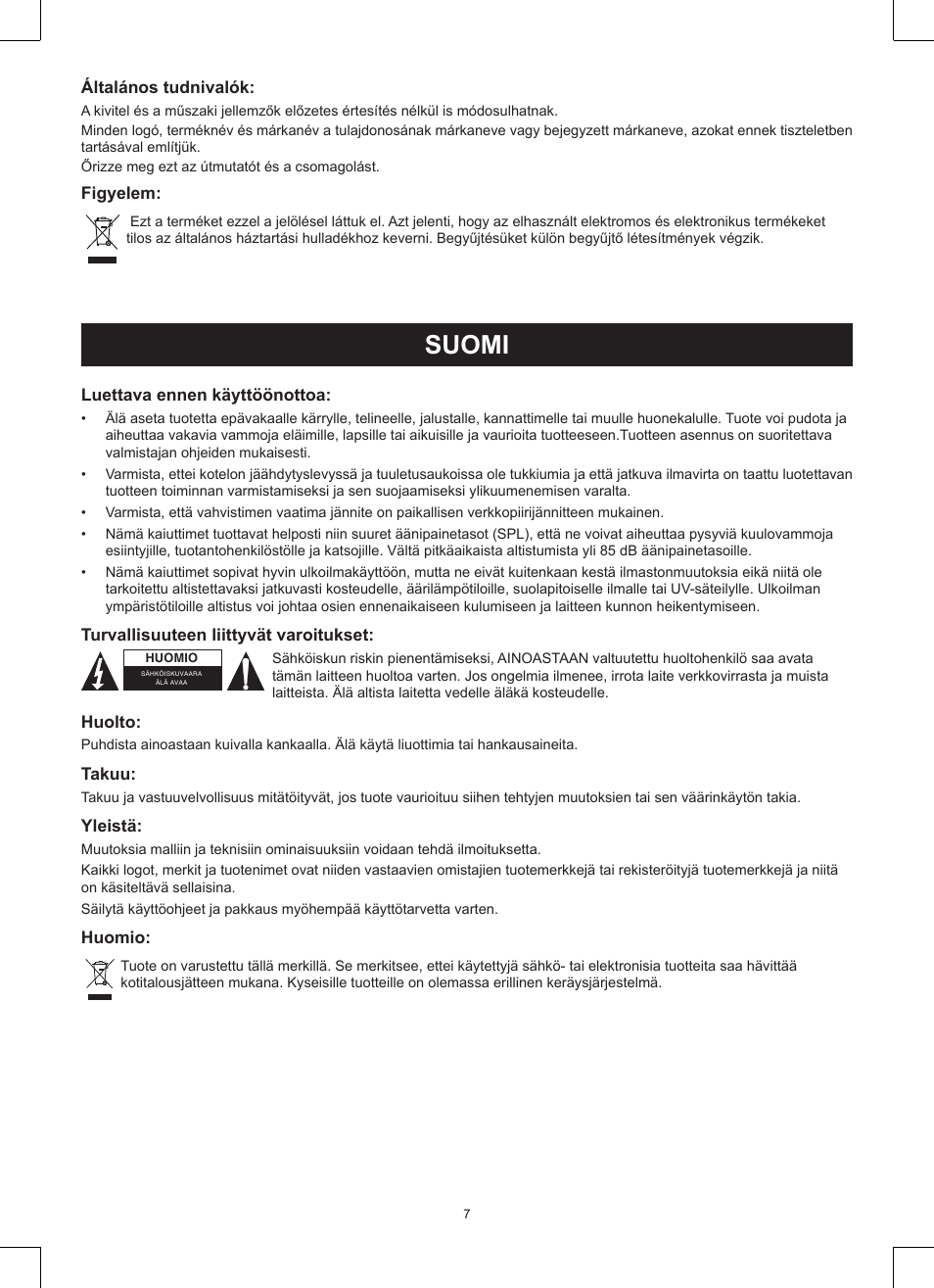 Suomi, Käyttöohje (s. 7), Tie pa-kaiutin | Konig Electronic 3-way 15" 600 W PA loudspeaker User Manual | Page 7 / 13