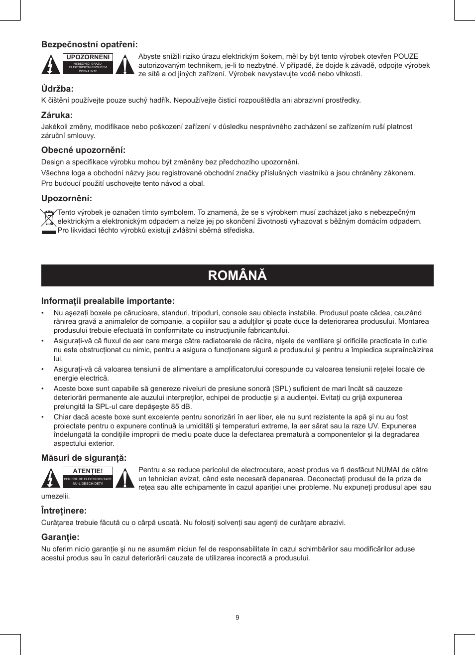 Română, Manual de utilizare (p. 9), Difuzor pa cu 3 căi | Konig Electronic 3-way 15" 600 W PA loudspeaker User Manual | Page 9 / 13