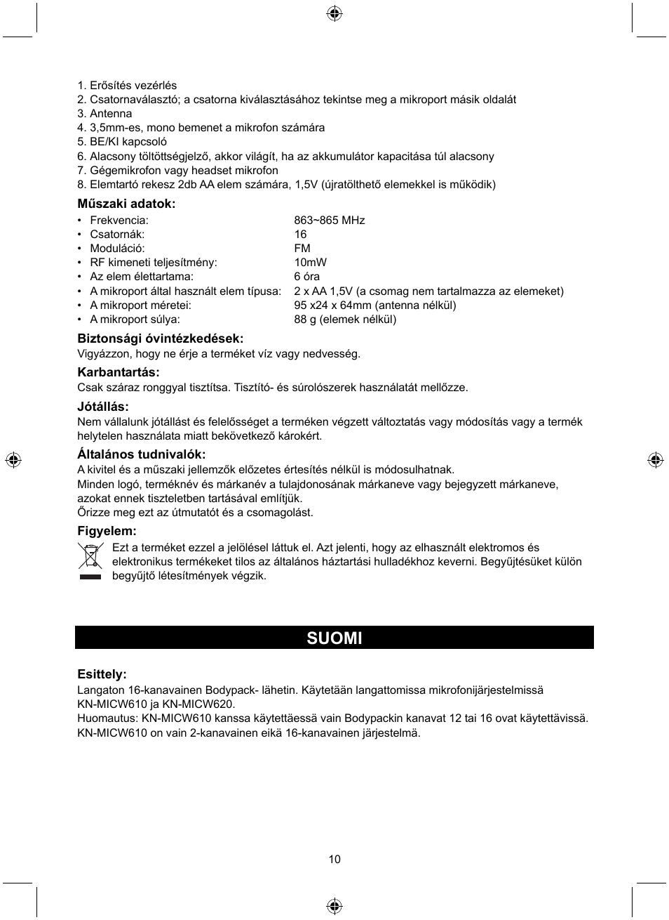 Suomi | Konig Electronic Wireless bodypack User Manual | Page 10 / 20