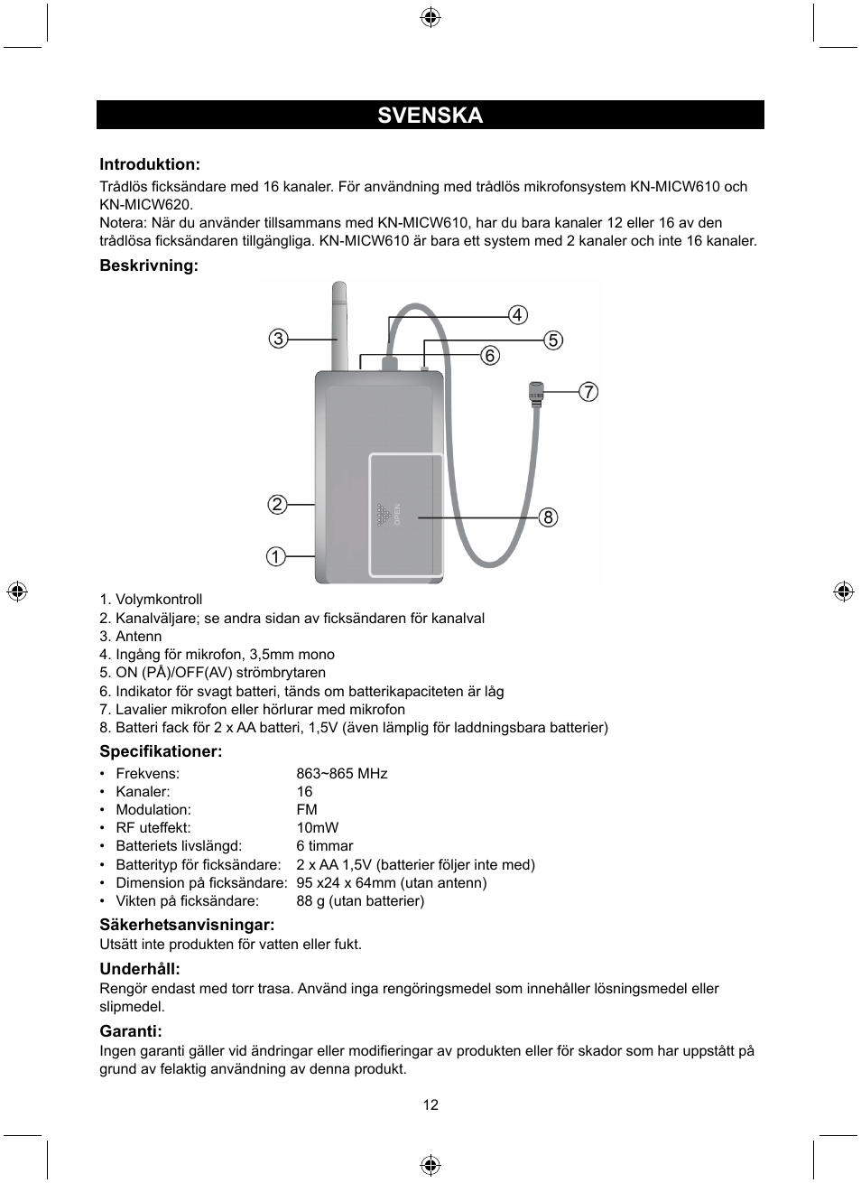 Svenska | Konig Electronic Wireless bodypack User Manual | Page 12 / 20