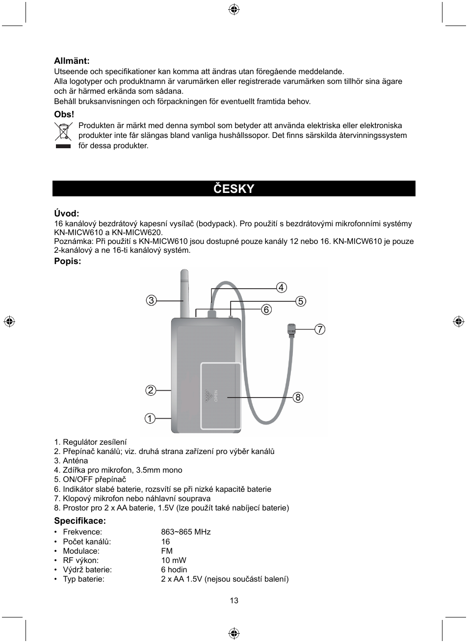 Česky | Konig Electronic Wireless bodypack User Manual | Page 13 / 20