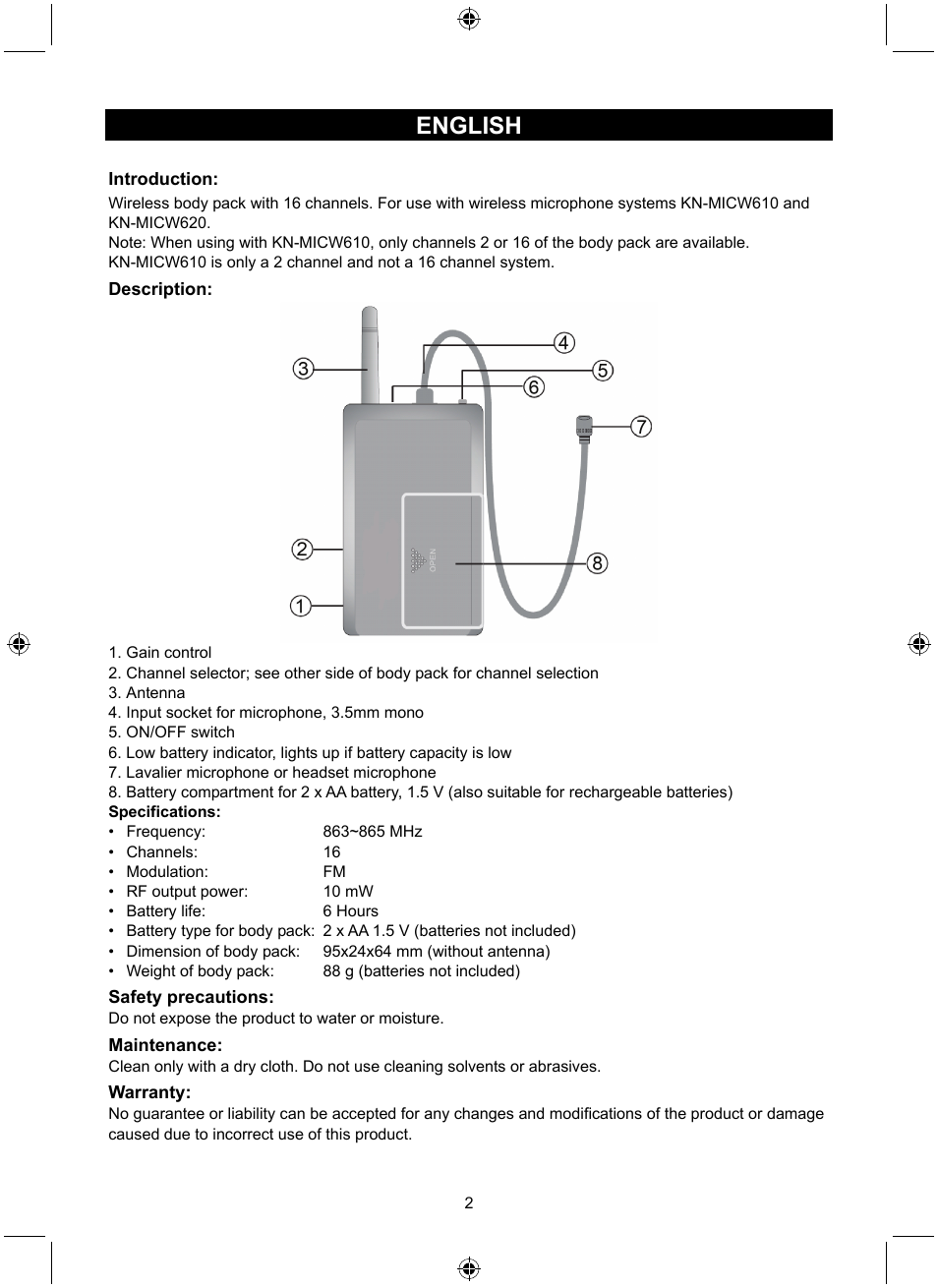 English | Konig Electronic Wireless bodypack User Manual | Page 2 / 20