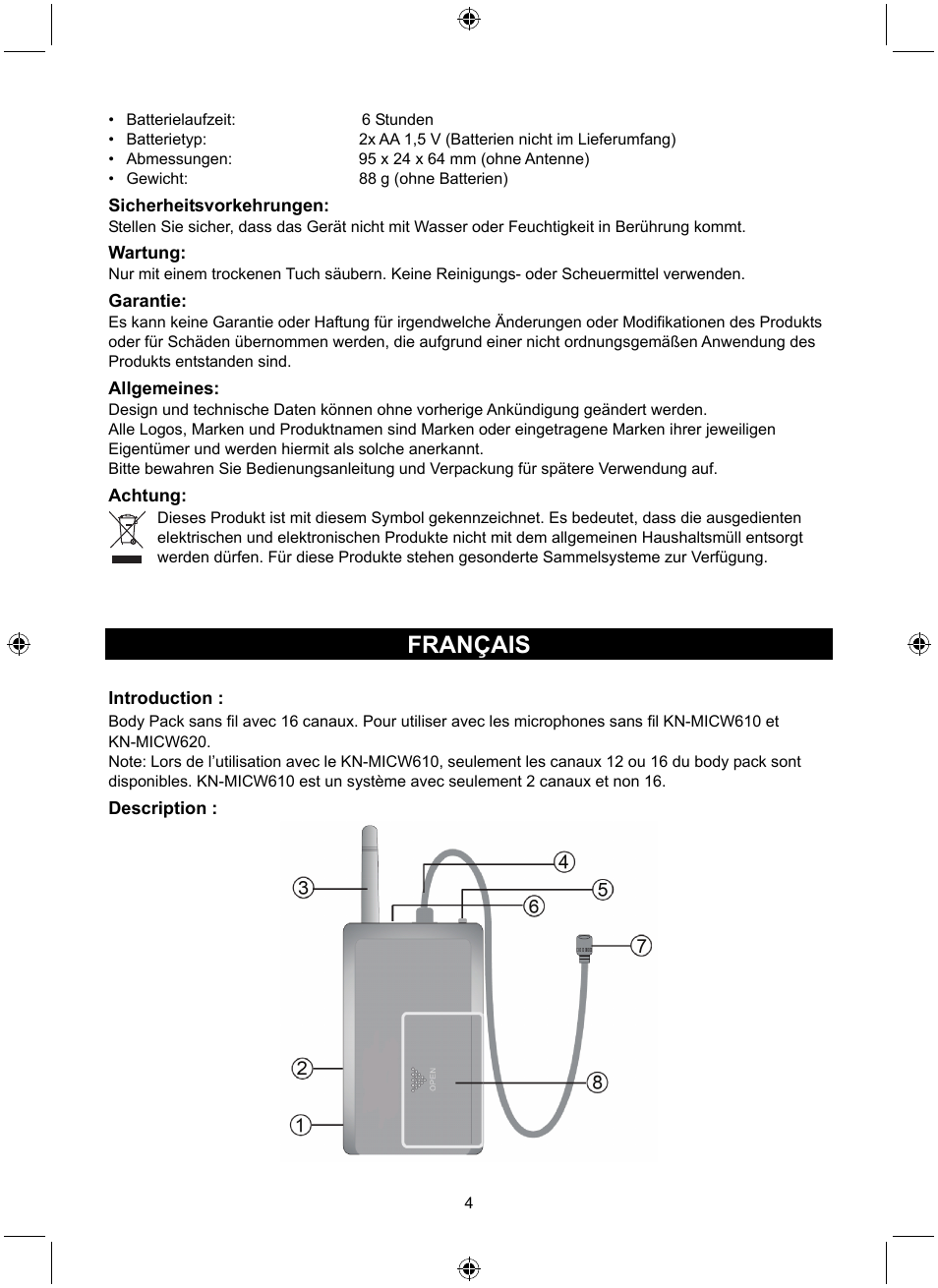 Français | Konig Electronic Wireless bodypack User Manual | Page 4 / 20