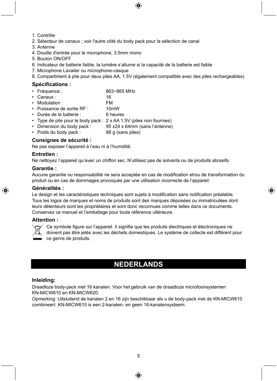 Nederlands | Konig Electronic Wireless bodypack User Manual | Page 5 / 20