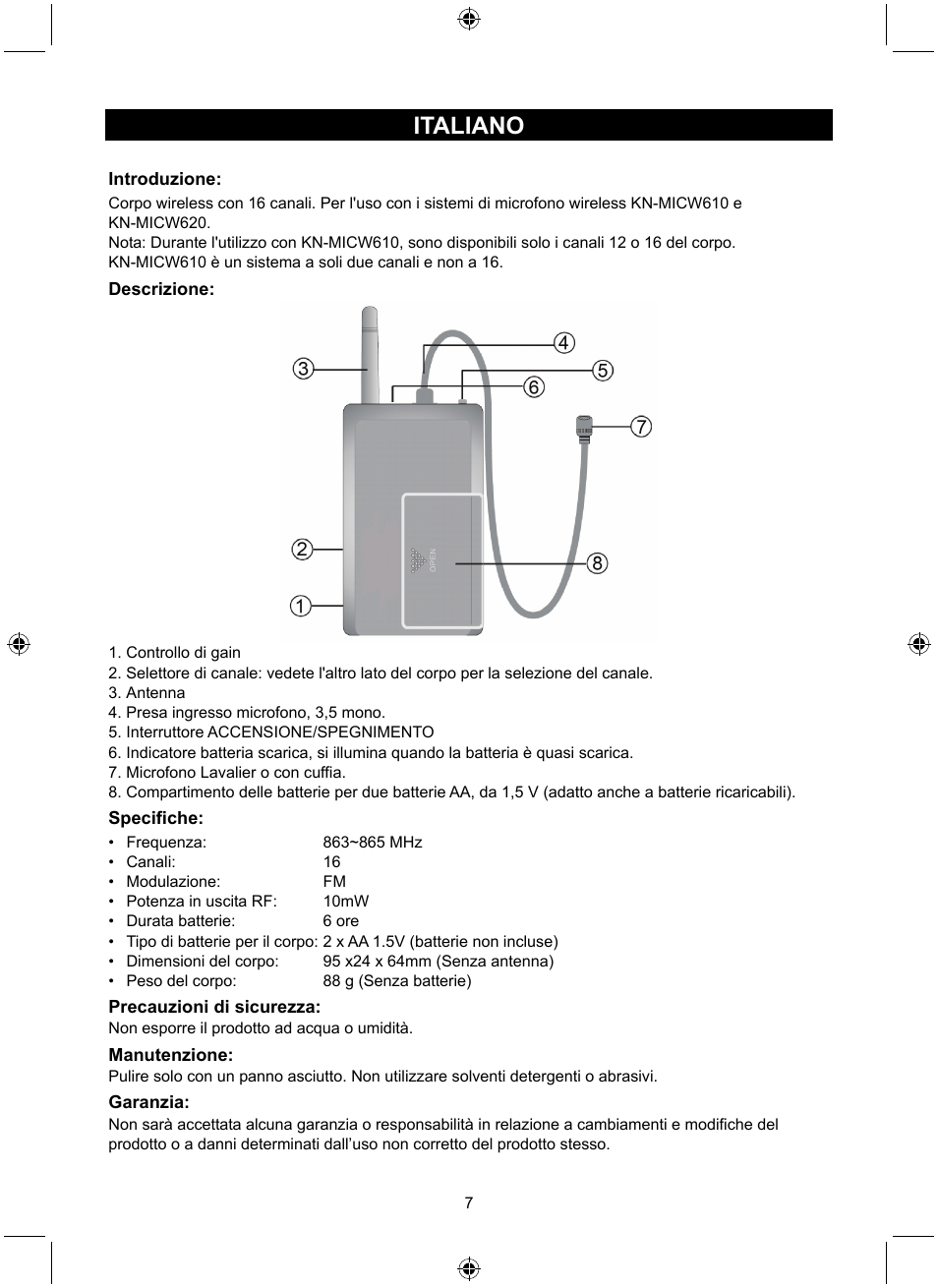 Italiano | Konig Electronic Wireless bodypack User Manual | Page 7 / 20