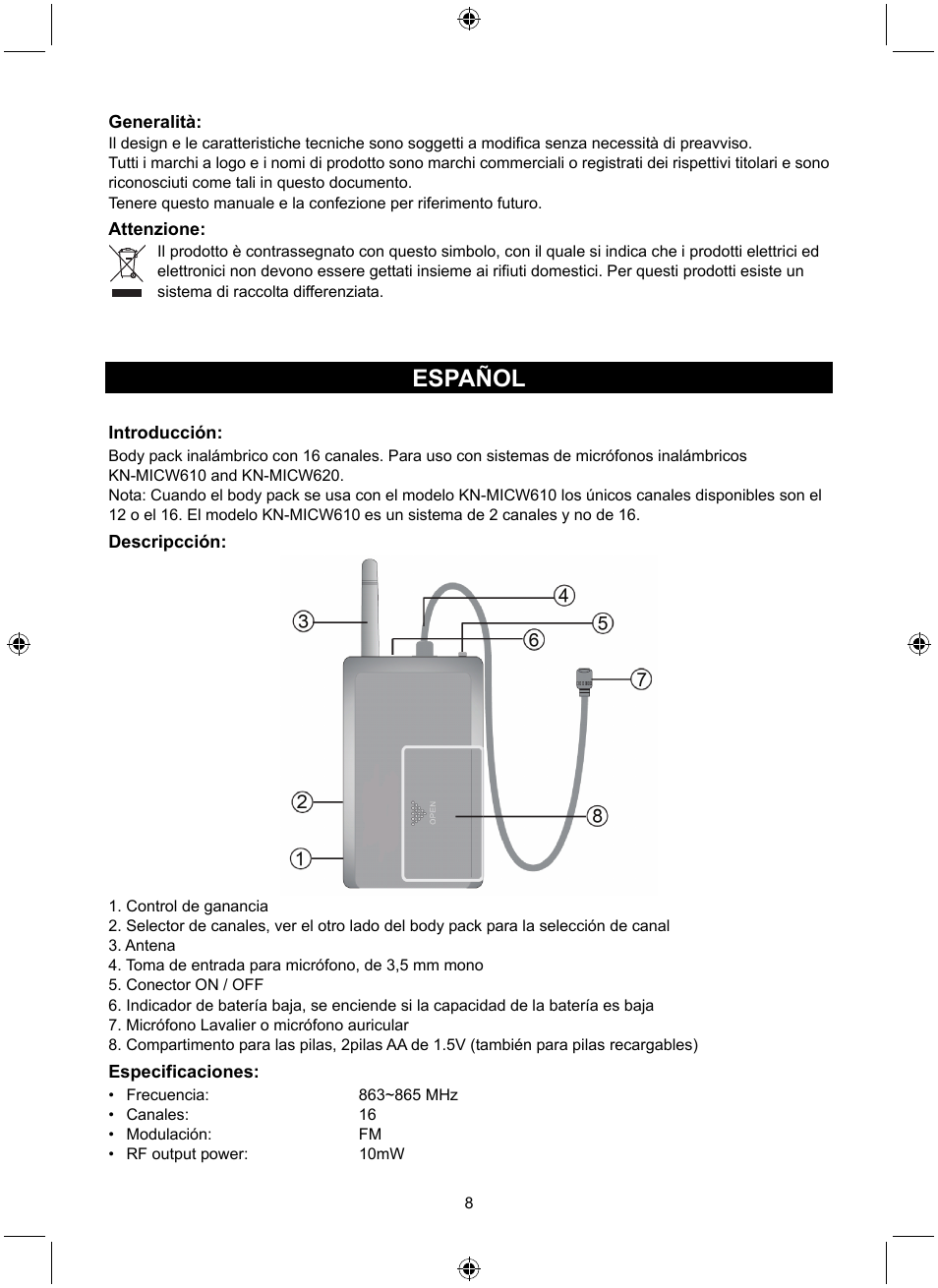 Español | Konig Electronic Wireless bodypack User Manual | Page 8 / 20