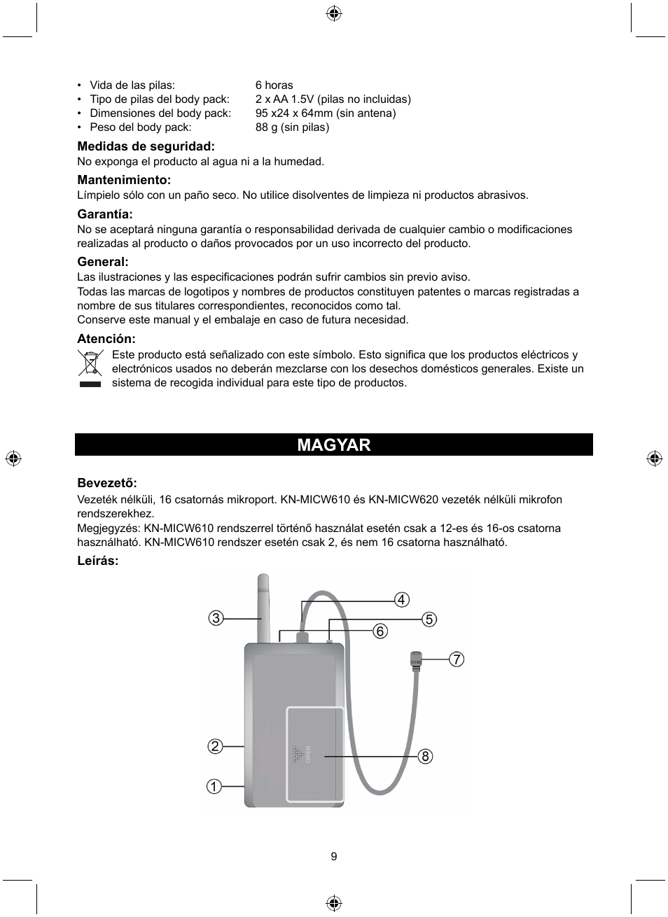 Magyar | Konig Electronic Wireless bodypack User Manual | Page 9 / 20