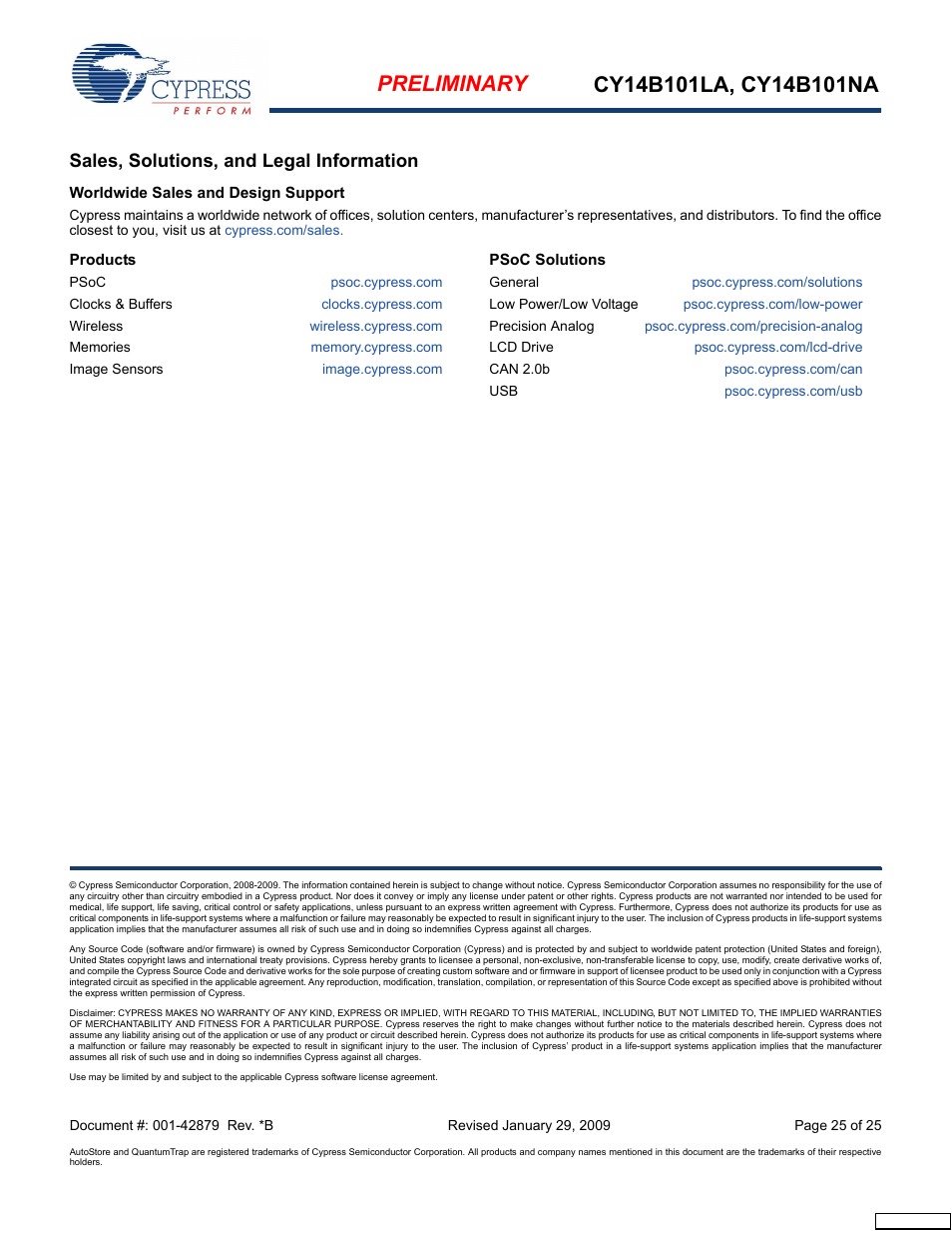 Sales, solutions, and legal information, Worldwide sales and design support, Products | Psoc solutions | Cypress CY14B101NA User Manual | Page 25 / 25