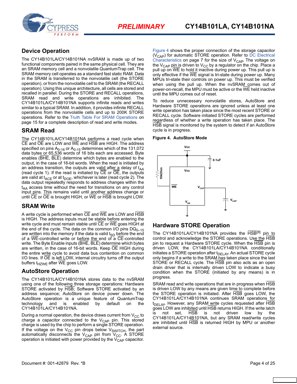 Device operation, Sram read, Sram write | Autostore operation, Hardware store operation | Cypress CY14B101NA User Manual | Page 4 / 25