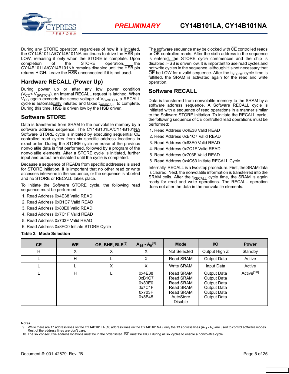 Hardware recall (power up), Software store, Software recall | Cypress CY14B101NA User Manual | Page 5 / 25