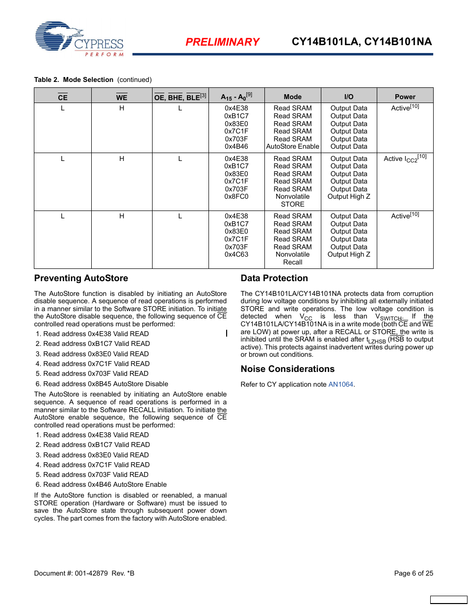 Preventing autostore, Data protection, Noise considerations | Cypress CY14B101NA User Manual | Page 6 / 25