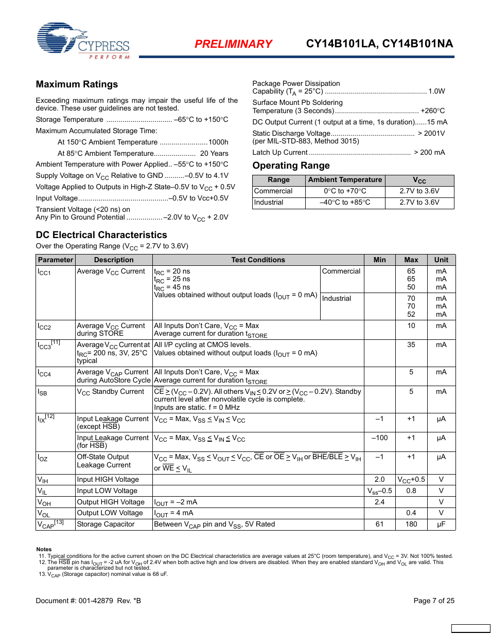 Maximum ratings, Operating range, Dc electrical characteristics | Dc electrical, Characteristics | Cypress CY14B101NA User Manual | Page 7 / 25