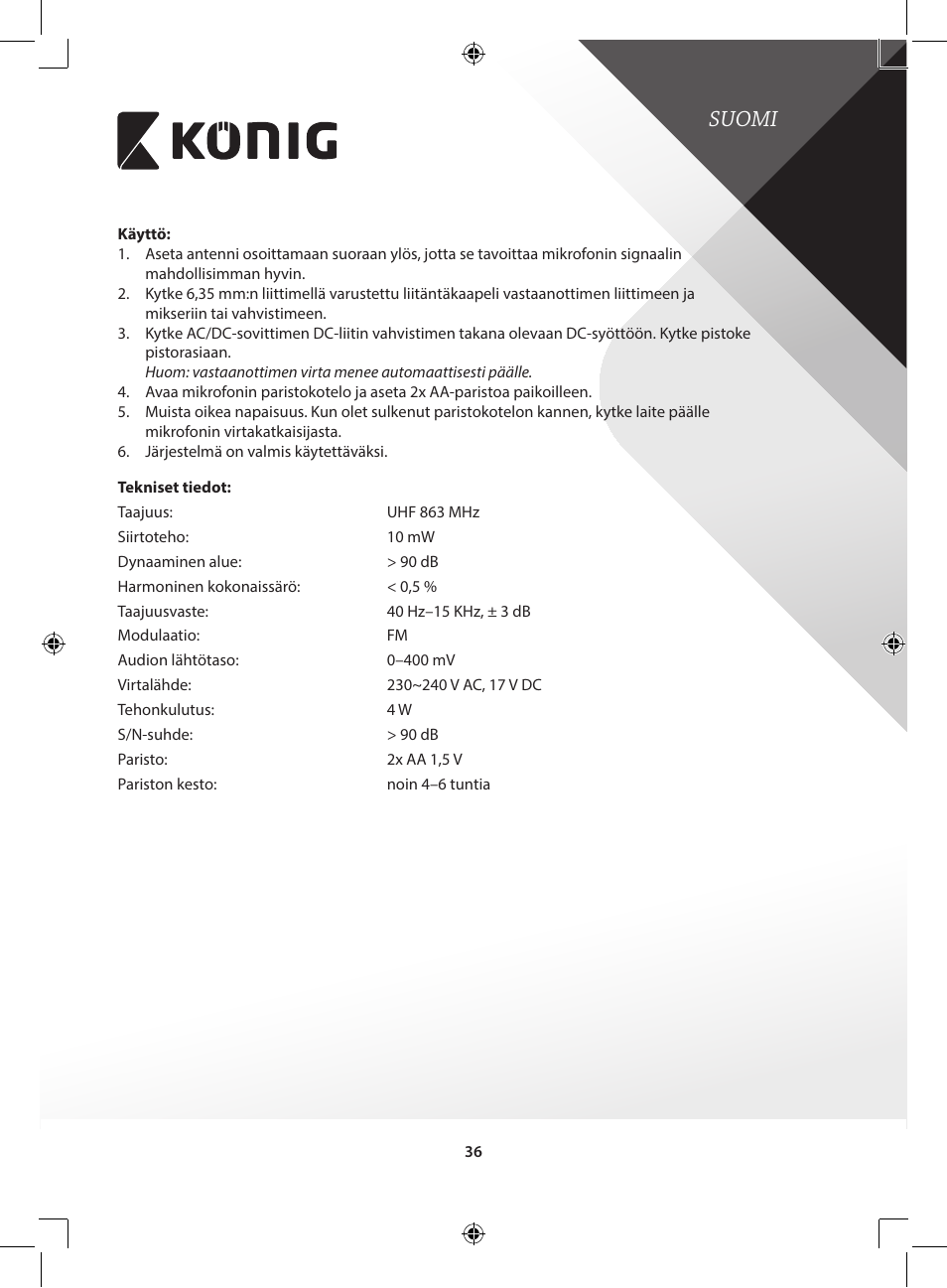 Suomi | Konig Electronic Wireless microphone system User Manual | Page 36 / 77