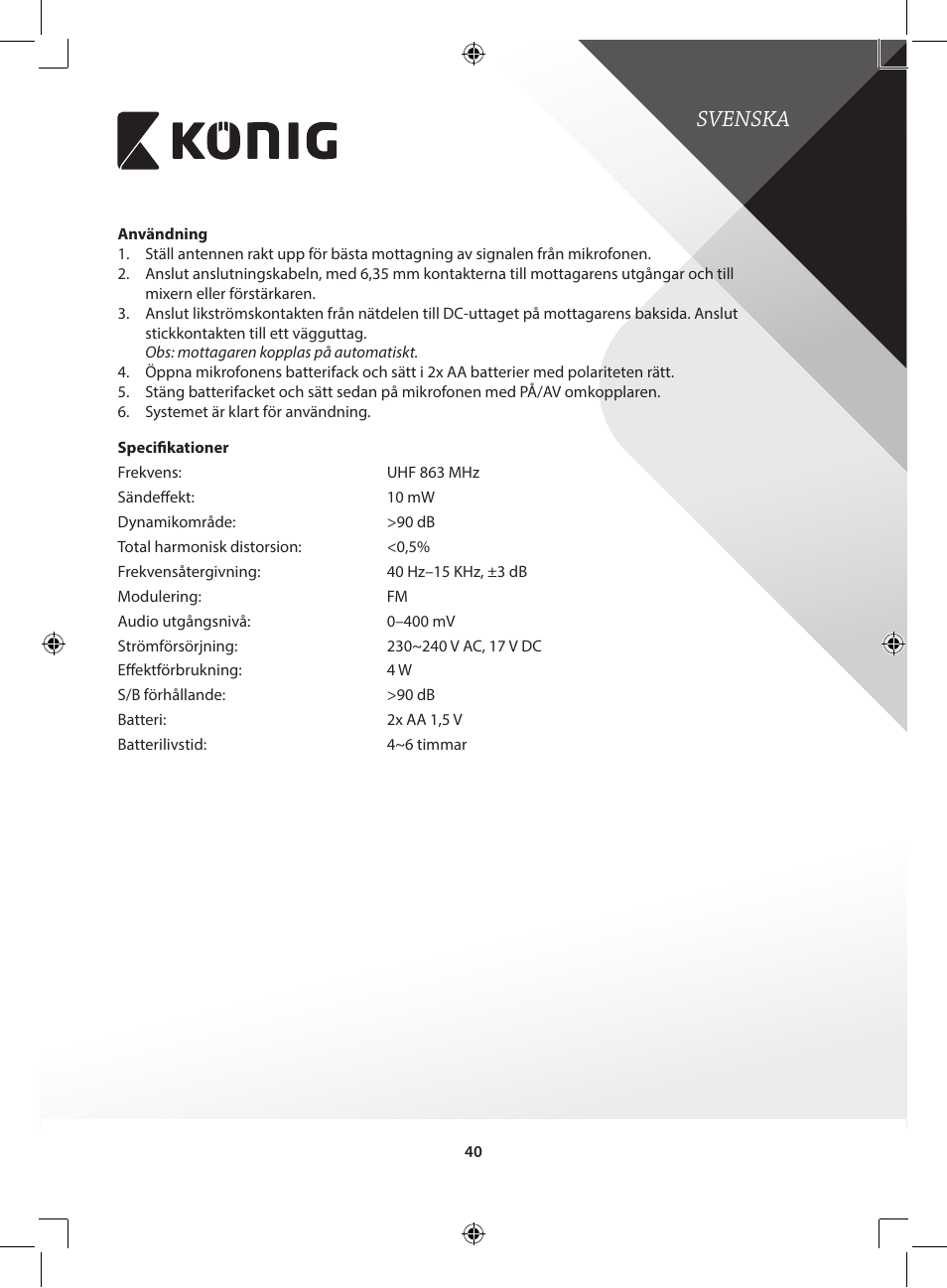 Svenska | Konig Electronic Wireless microphone system User Manual | Page 40 / 77