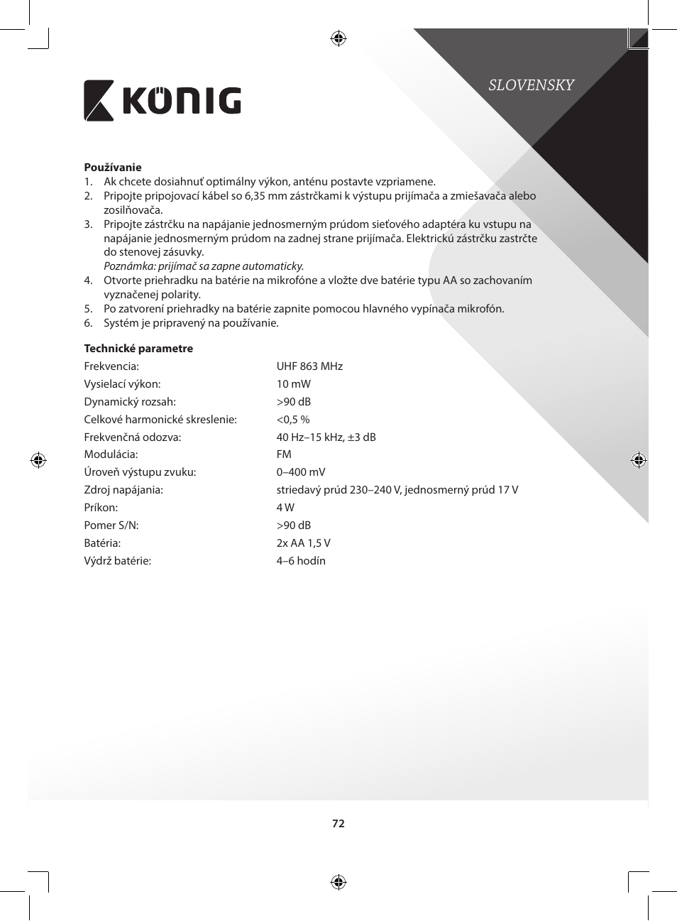 Slovensky | Konig Electronic Wireless microphone system User Manual | Page 72 / 77