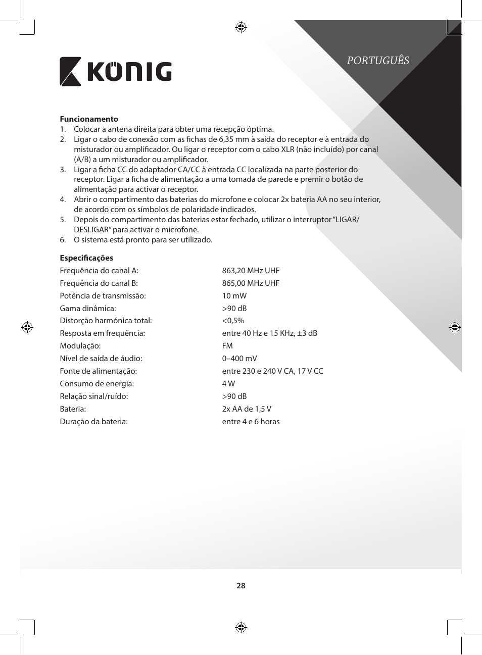 Português | Konig Electronic Wireless microphone system 2 microphones User Manual | Page 28 / 77