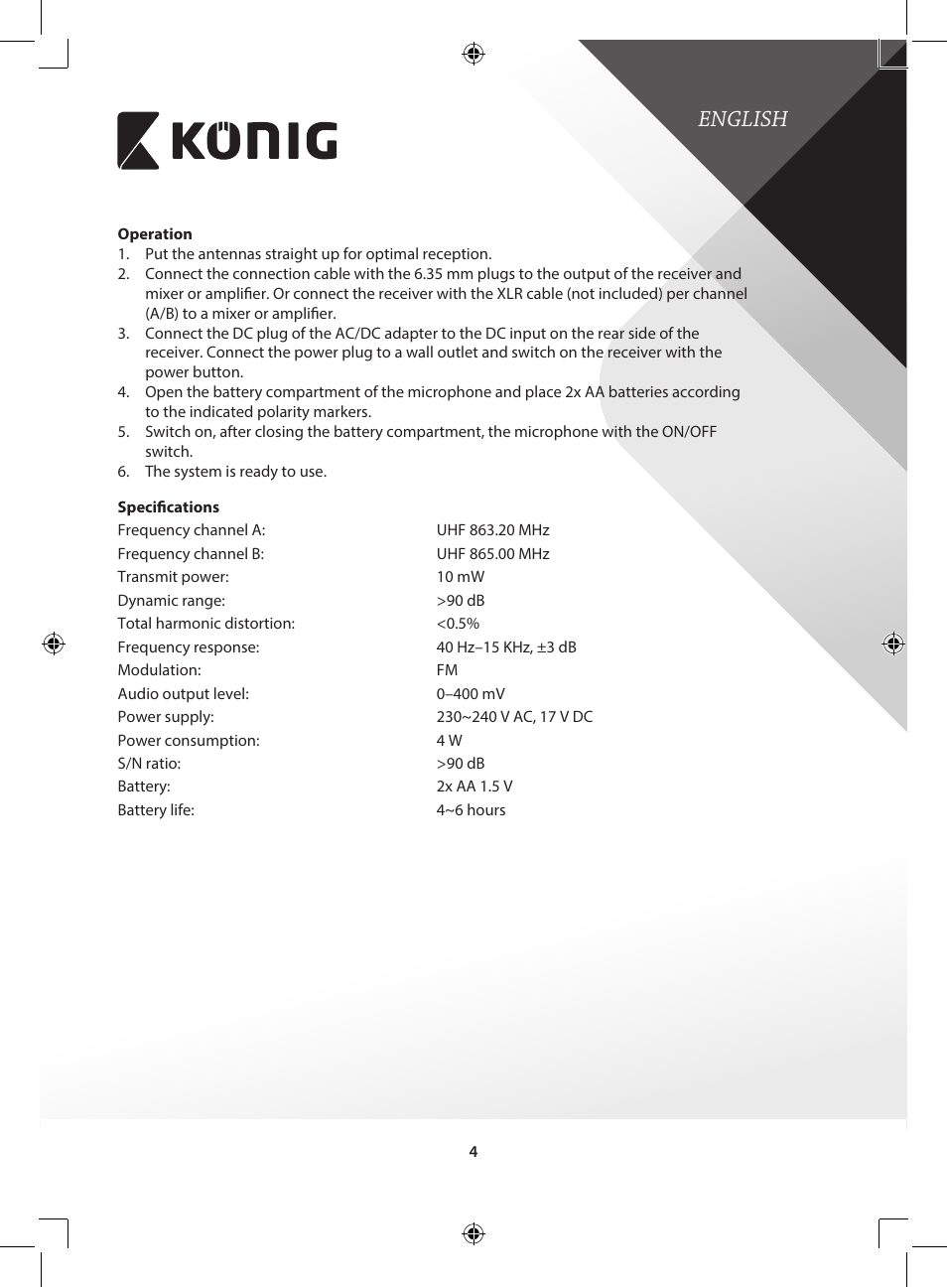 English | Konig Electronic Wireless microphone system 2 microphones User Manual | Page 4 / 77