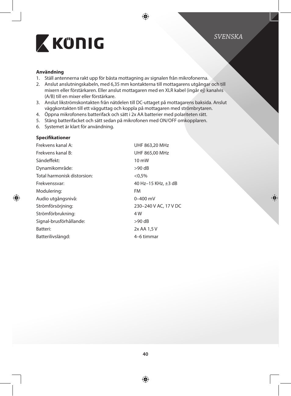 Svenska | Konig Electronic Wireless microphone system 2 microphones User Manual | Page 40 / 77