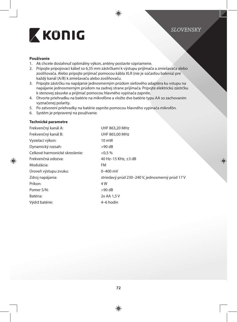 Slovensky | Konig Electronic Wireless microphone system 2 microphones User Manual | Page 72 / 77