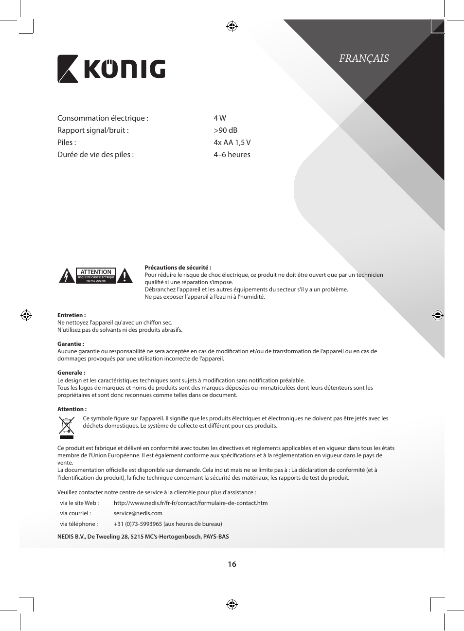 Français | Konig Electronic Wireless microphone system 16 channel User Manual | Page 16 / 96