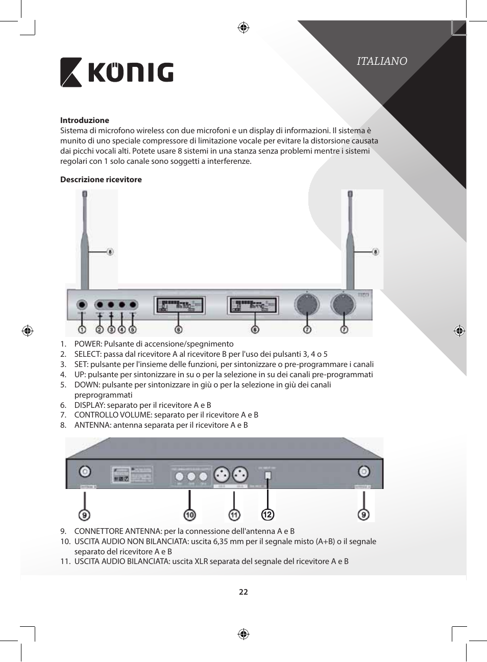 Italiano | Konig Electronic Wireless microphone system 16 channel User Manual | Page 22 / 96