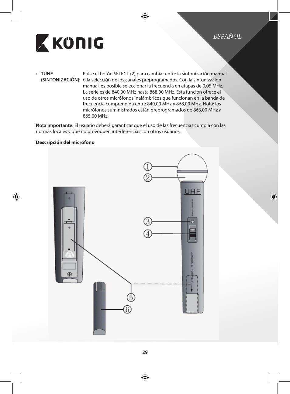 Español | Konig Electronic Wireless microphone system 16 channel User Manual | Page 29 / 96