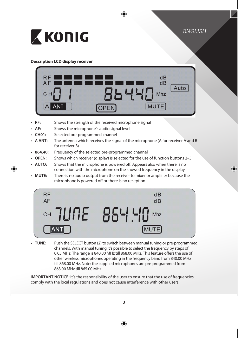 English | Konig Electronic Wireless microphone system 16 channel User Manual | Page 3 / 96