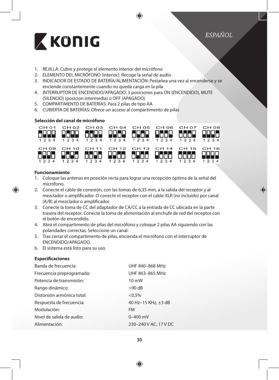 Español | Konig Electronic Wireless microphone system 16 channel User Manual | Page 30 / 96