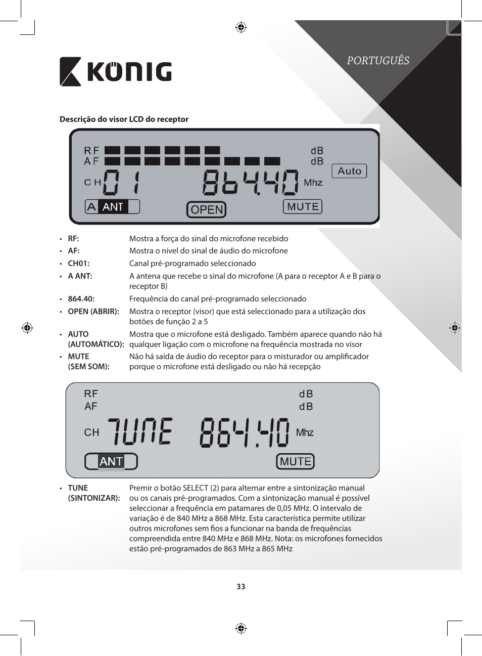 Português | Konig Electronic Wireless microphone system 16 channel User Manual | Page 33 / 96