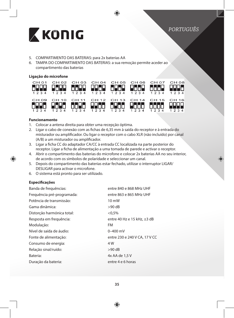 Português | Konig Electronic Wireless microphone system 16 channel User Manual | Page 35 / 96