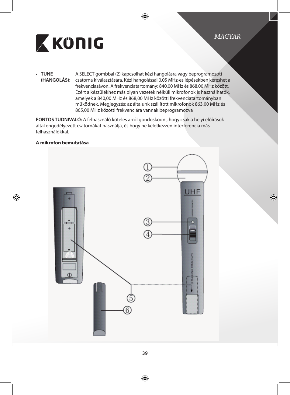 Magyar | Konig Electronic Wireless microphone system 16 channel User Manual | Page 39 / 96