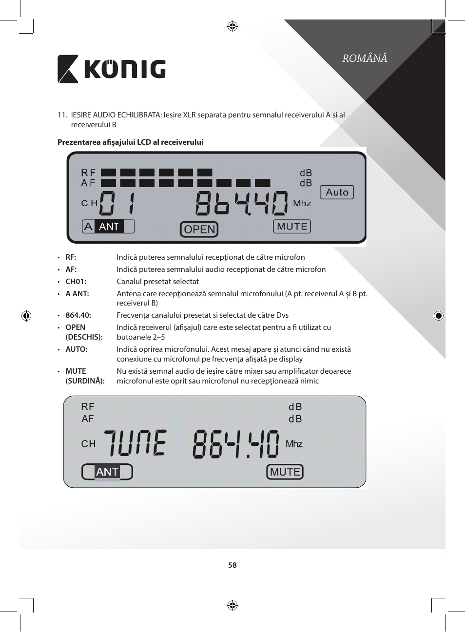 Română | Konig Electronic Wireless microphone system 16 channel User Manual | Page 58 / 96