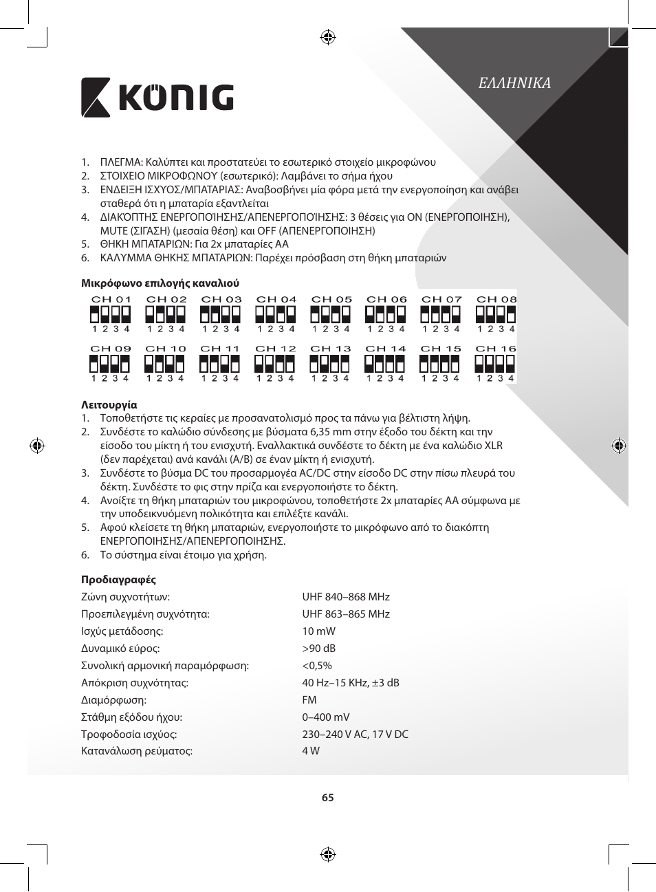 Ελληνικa | Konig Electronic Wireless microphone system 16 channel User Manual | Page 65 / 96