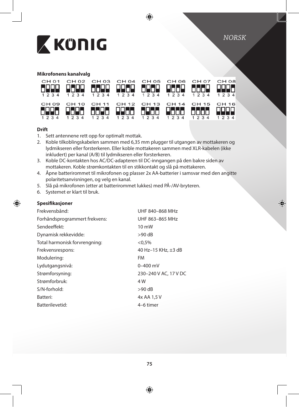 Norsk | Konig Electronic Wireless microphone system 16 channel User Manual | Page 75 / 96