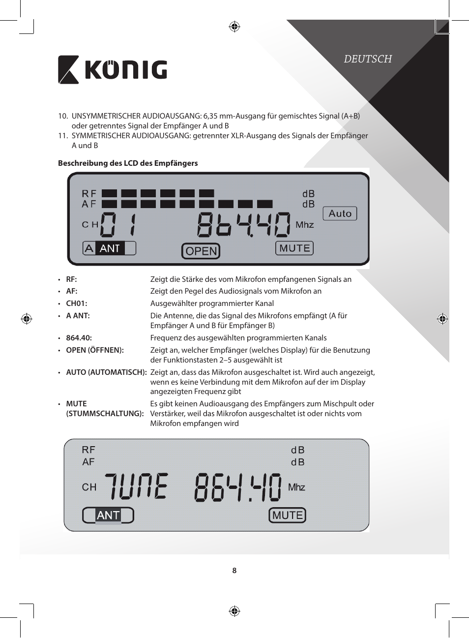 Deutsch | Konig Electronic Wireless microphone system 16 channel User Manual | Page 8 / 96