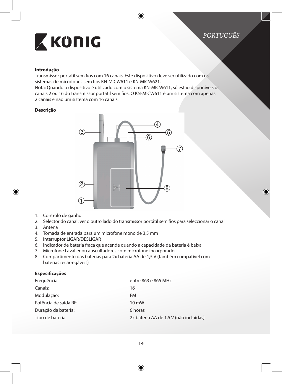 Português | Konig Electronic Wireless microphone system with body pack User Manual | Page 14 / 39