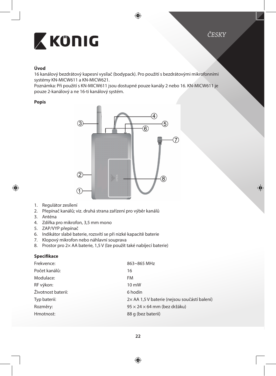 Česky | Konig Electronic Wireless microphone system with body pack User Manual | Page 22 / 39
